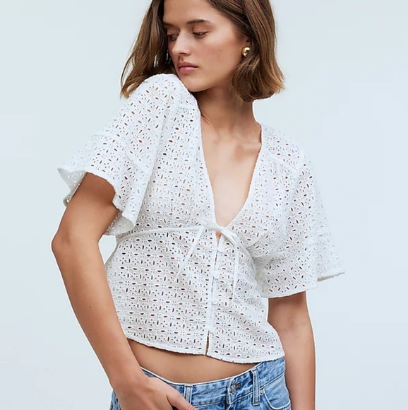 Madewell Tie-Front Top in Eyelet Soft White NWT Size XS Flowy Button Up V-Neck - Picture 2 of 6
